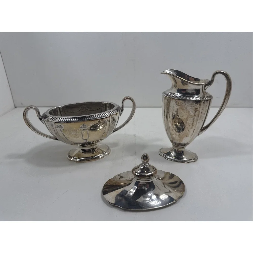 Antique‎ Community Plate Silverplated Lidded Sugar Creamer Pair 3pc. Rare